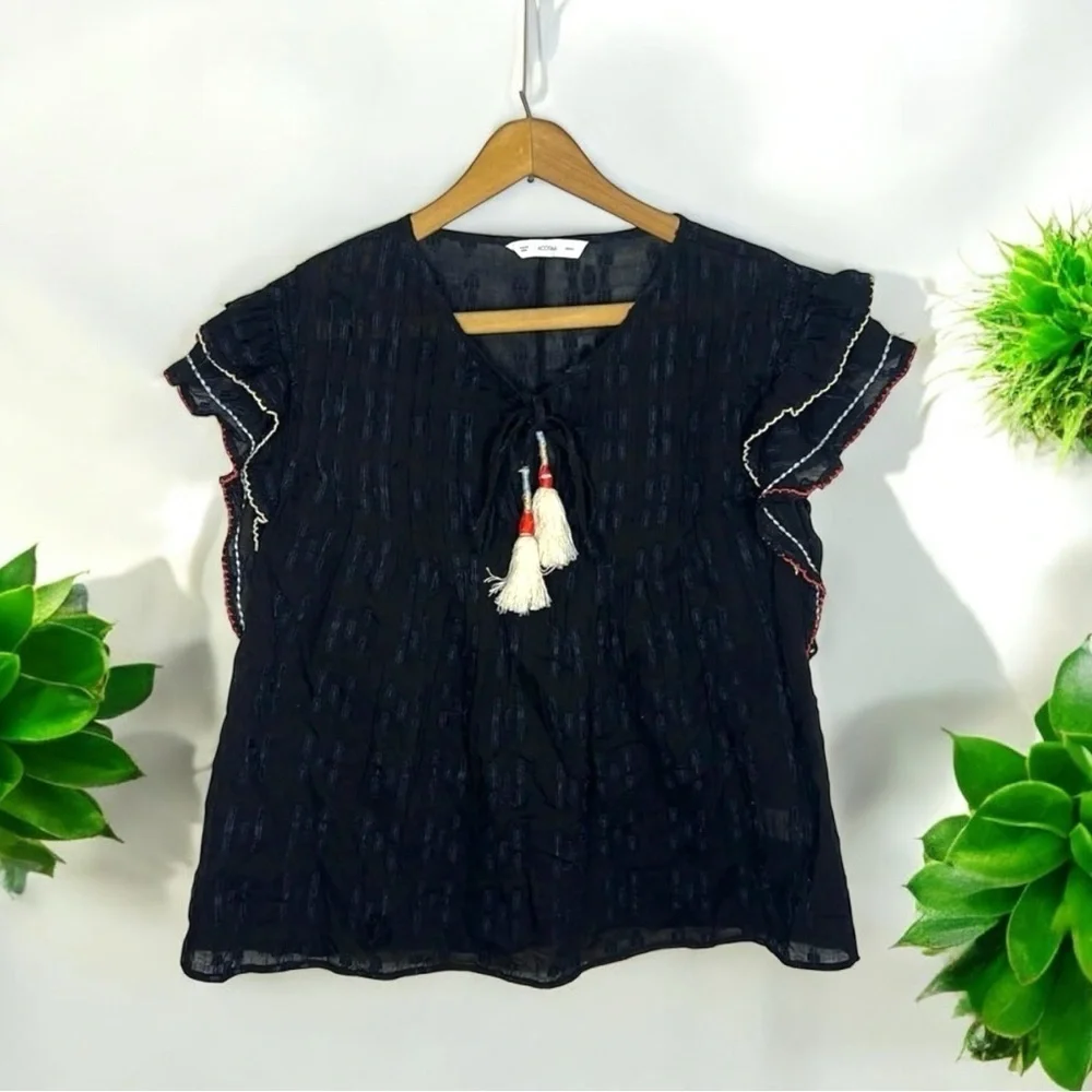ACOS&A Black Ruffle Sleeve Boho Blouse Tassel Tie Textured Top M